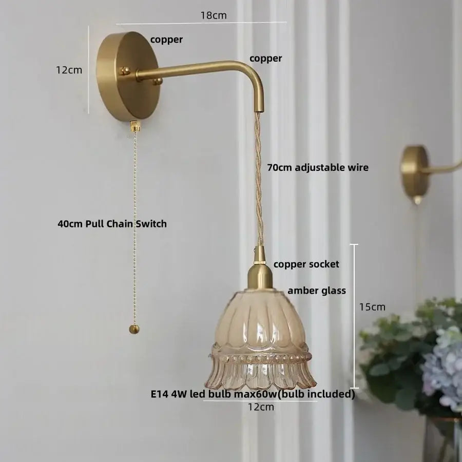 Modern antique brass wall light with decorbites amber glass led fluted shade and adjustable 70cm copper wire