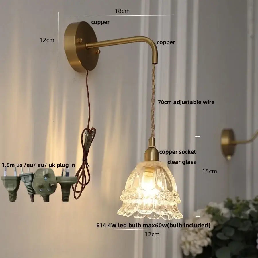 Modern antique brass wall light with decorbites amber glass led and vintage copper sconce with clear fluted shade