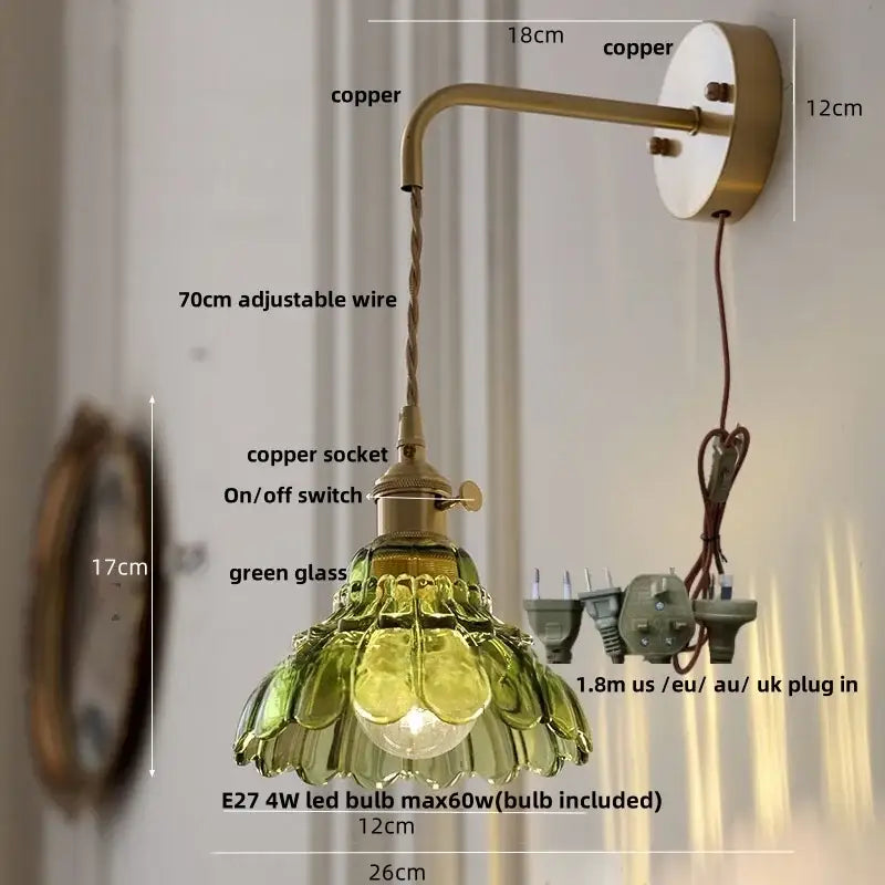 Vintage-style copper wall light with green decorbites amber glass led shade shaped like overlapping petals for bedroom decor