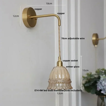 Modern antique brass amber glass led wall light with vintage copper sconce and decorbites amber glass fluted shade