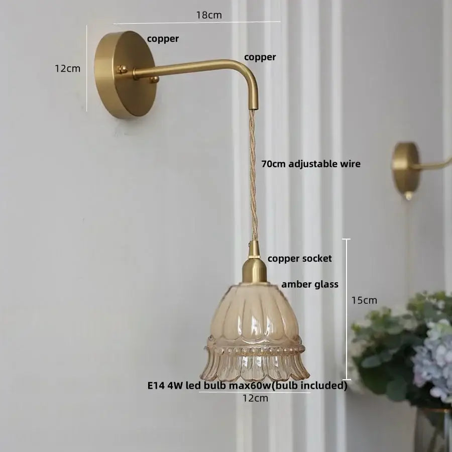 Modern antique brass amber glass led wall light with vintage copper sconce and decorbites amber glass fluted shade