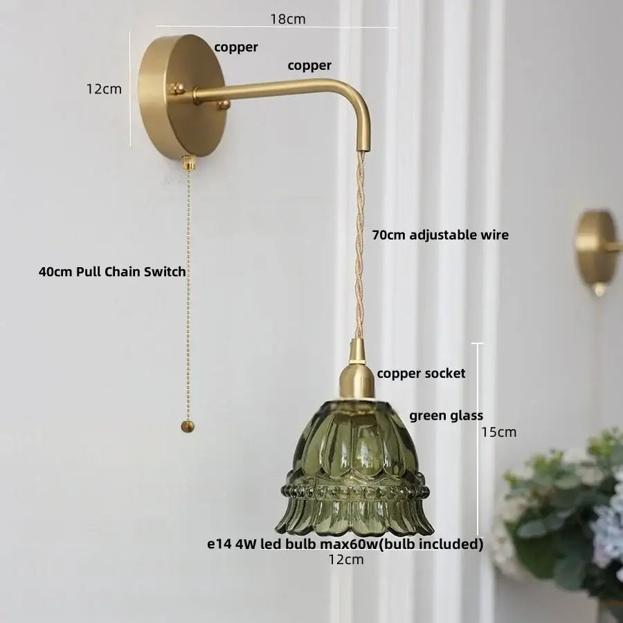 Modern antique brass wall light with decorbites amber glass led lotus-shaped green glass shade for bedroom sconce