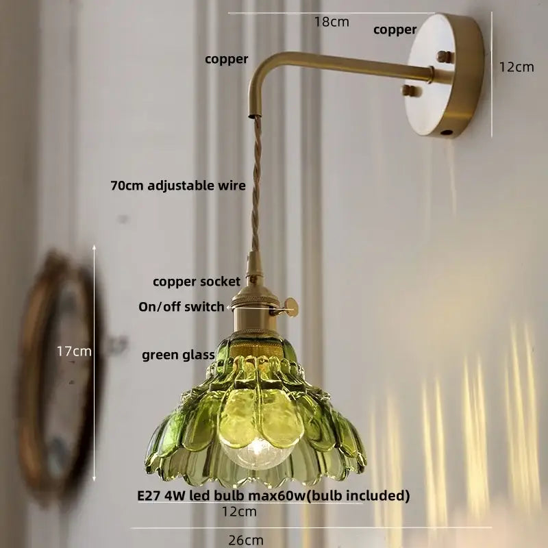 Modern antique brass wall light with copper finish and green decorbites amber glass led shade for bedroom sconce decor
