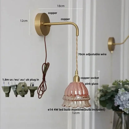 Modern antique brass amber glass led wall light with a delicate pink fluted glass shade on an adjustable copper arm by decorbites amber glass