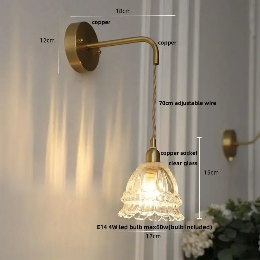 Modern antique brass amber glass led wall light with brass-finished copper sconce and clear fluted decorbites amber glass shade