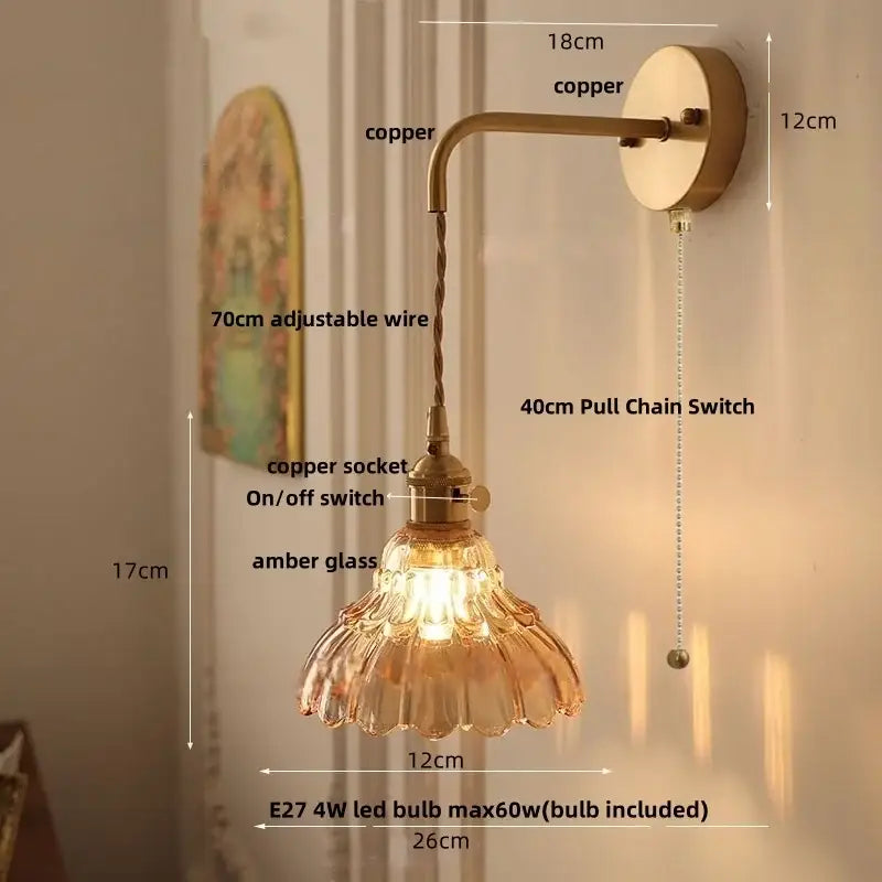 Copper-finished wall light with decorbites amber glass led fluted shade and adjustable wire for bedroom sconce lighting