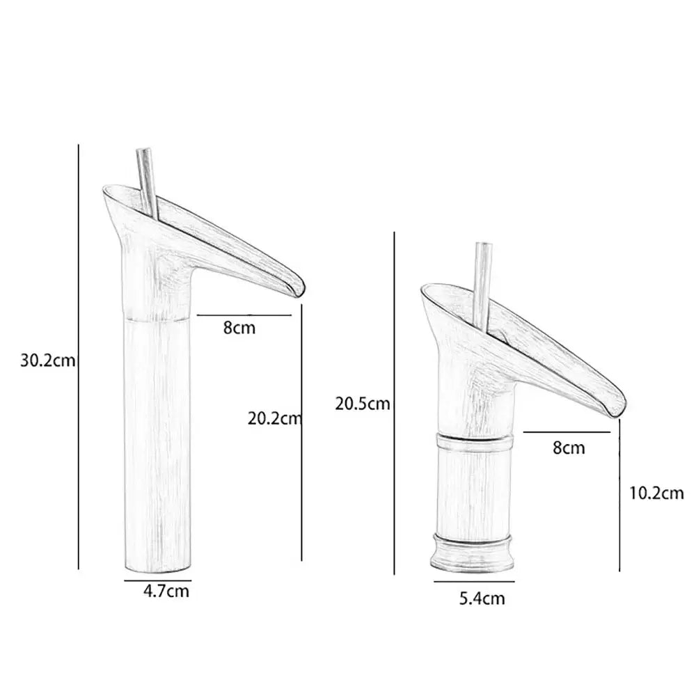 Modern antique brass finish waterfall faucet with chrome-finished bamboo-inspired spout for bathroom sink tap