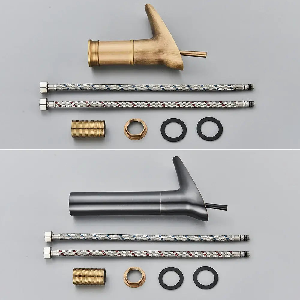 Modern antique brass and matte black waterfall faucet bathroom sink tap with braided hoses and antique brass finish fittings