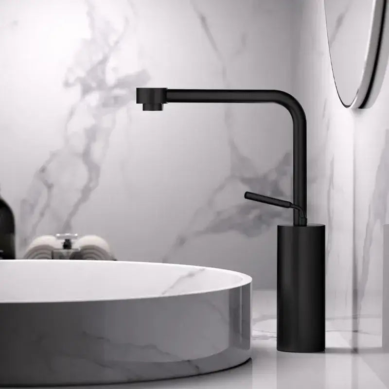Modern antique bronze curved brass faucet with black matte finish, sleek curved spout, and cylindrical base for bathroom use