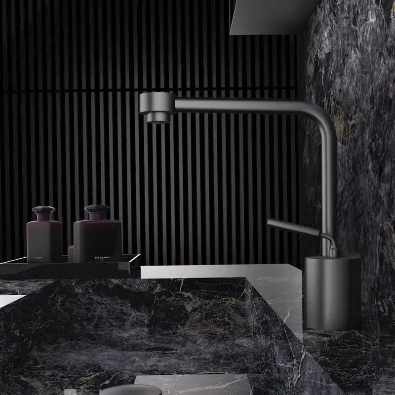 Modern antique bronze curved brass faucet with a sleek matte black minimalist spout for bathroom fixture use
