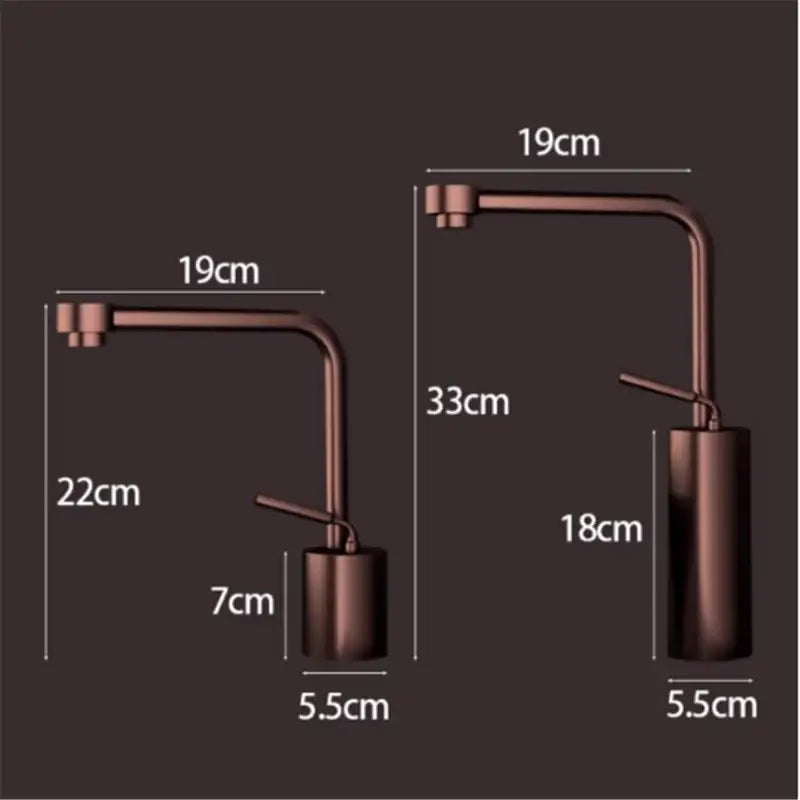 Two modern antique bronze kitchen faucets with curved brass spouts and cylindrical bases for bathroom fixtures