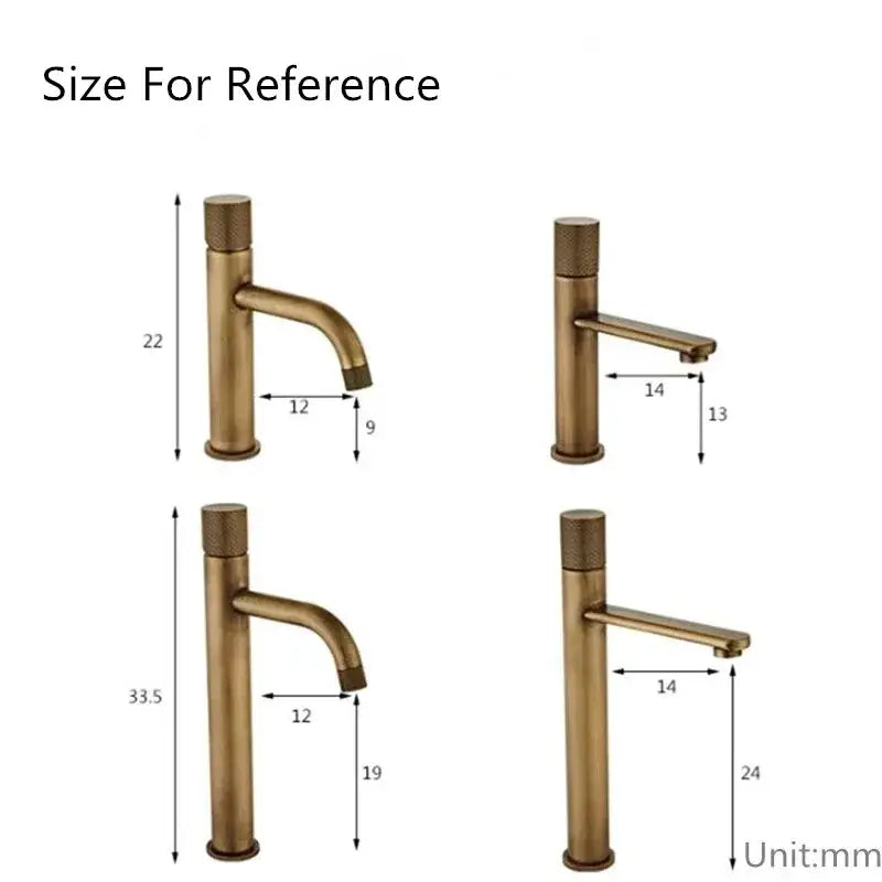 Modern antique bronze single handle bathroom cold water faucets in brass finish shown in four different heights