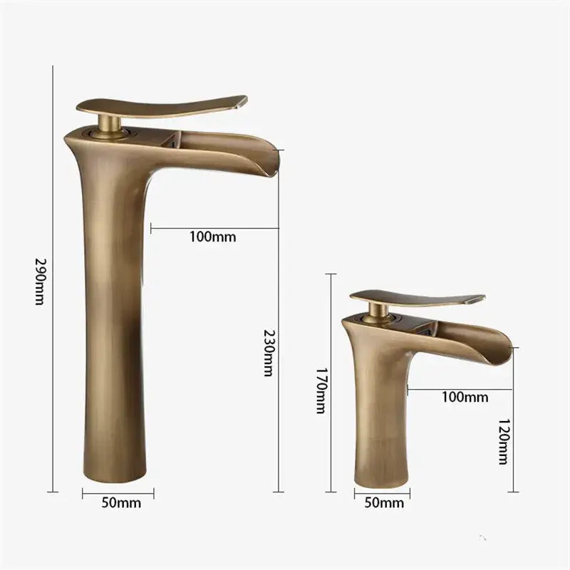 Modern antique bronze waterfall mixer faucet with brass finish and integrated handles for cold water bathroom use