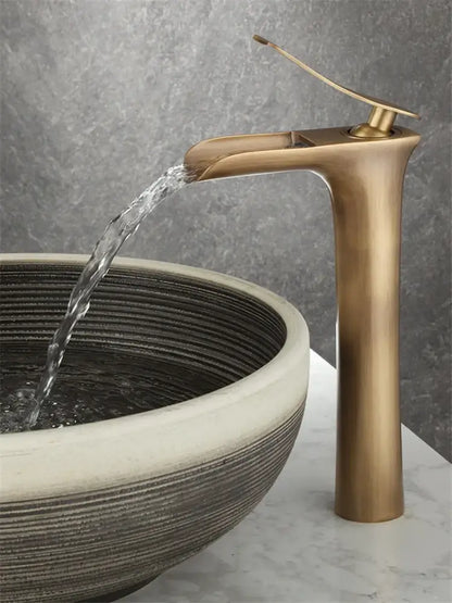 Modern antique bronze waterfall mixer faucet with brass finish tall curved spout designed for cold water bathroom use