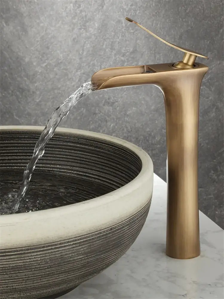 Modern antique bronze waterfall mixer faucet with brass finish tall curved spout designed for cold water bathroom use