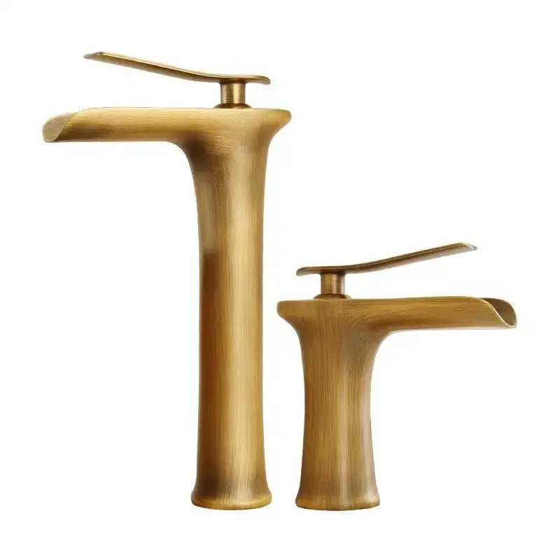 Two elegant brass-finished antique bronze waterfall mixer faucets for bathroom cold water with modern design