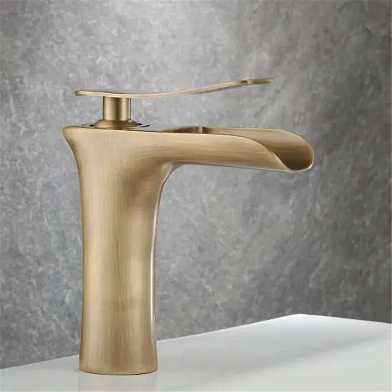 Modern antique bronze waterfall mixer faucet with brass finish and sleek curved spout for cold water bathroom use