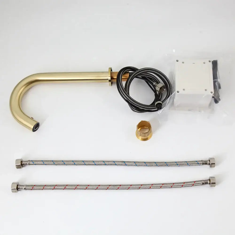 Modern arched brushed gold basin faucet with brass finish curved spout and braided metal hoses decorbites brushed gold