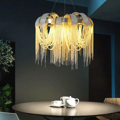 Modern arched gold aluminum chain chandelier with metallic frame and cascading shimmering beads for living room light