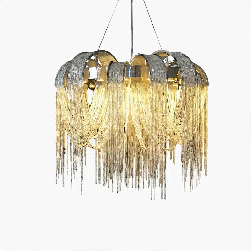 Modern arched gold aluminum chain chandelier with silver-toned interlocking rings and cascading gold chain arched fringe