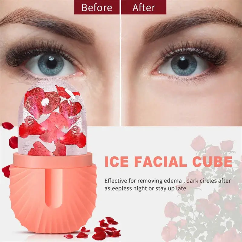 Pink silicone ice cube tray filled with red rose petals for use with modern arched pink marble facial roller massager