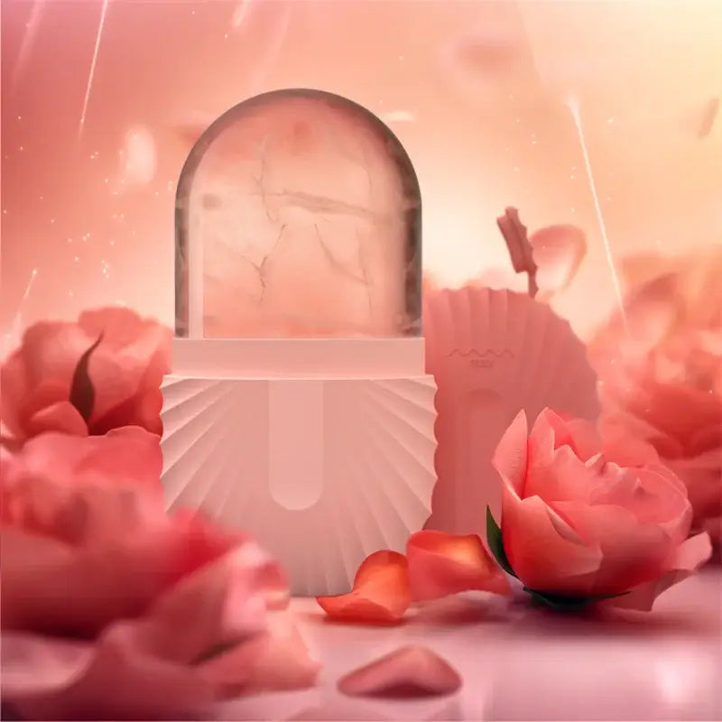 Modern arched pink marble facial roller massager with translucent glass capsule on white pedestal with pink roses