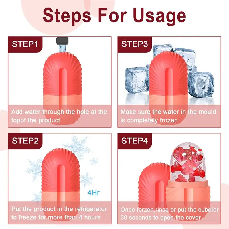 A vibrant coral silicone ice cube tray with a fluted shell design and black cap for modern facial roller massager use