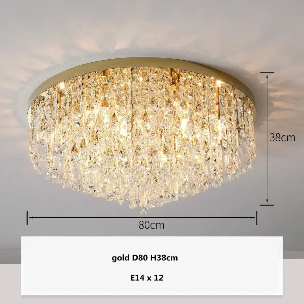 Modern art deco gold crystal steel led ceiling chandelier with circular design and cascading clear faceted crystals
