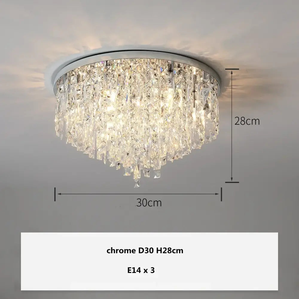 Modern art deco gold crystal steel led ceiling chandelier with chrome finish and cascading crystal prisms model d30 steel led ceiling