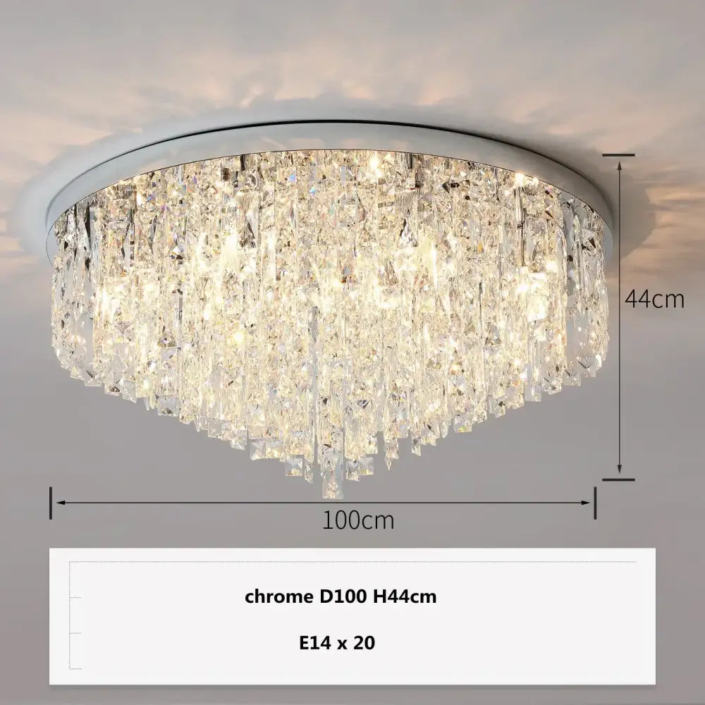 Modern art deco gold crystal steel led ceiling chandelier with chrome finish and cascading crystal prisms 100cm diameter