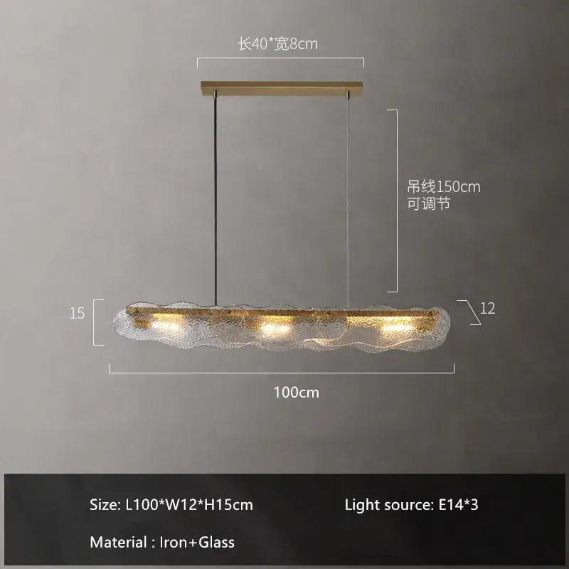 Modern 100cm decorbites art glass dining chandelier with textured glass body and brass metal frame for glass dining table lighting