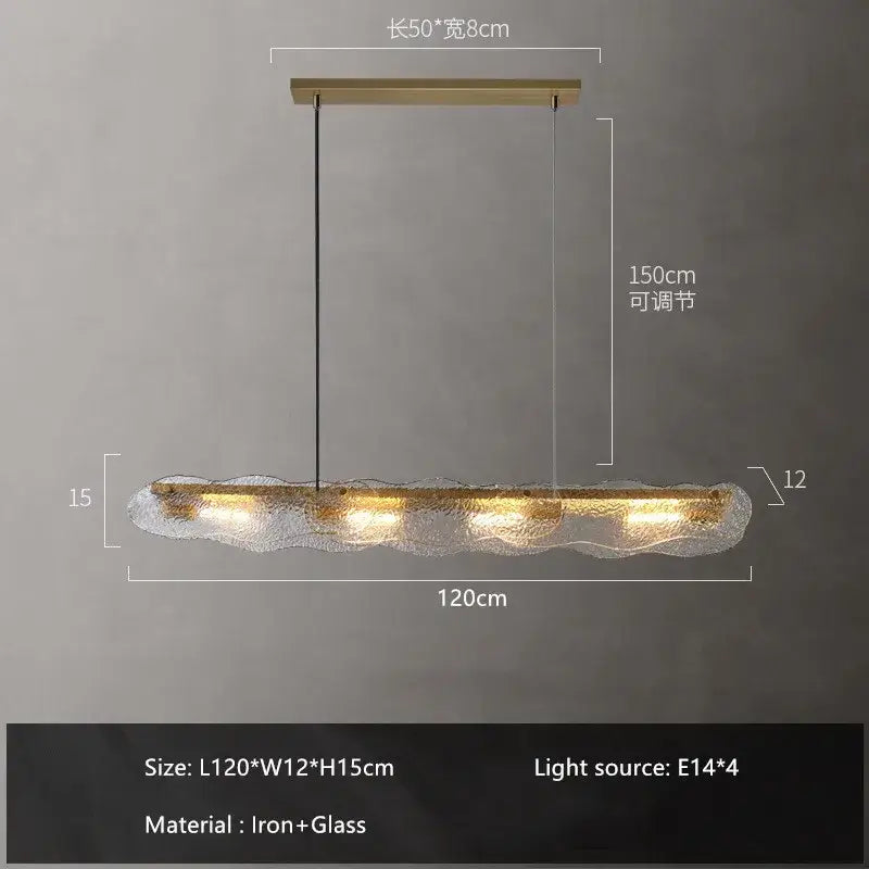 Modern art glass dining table chandelier with a textured glass body and brass decorbites art glass frame for luxury lighting