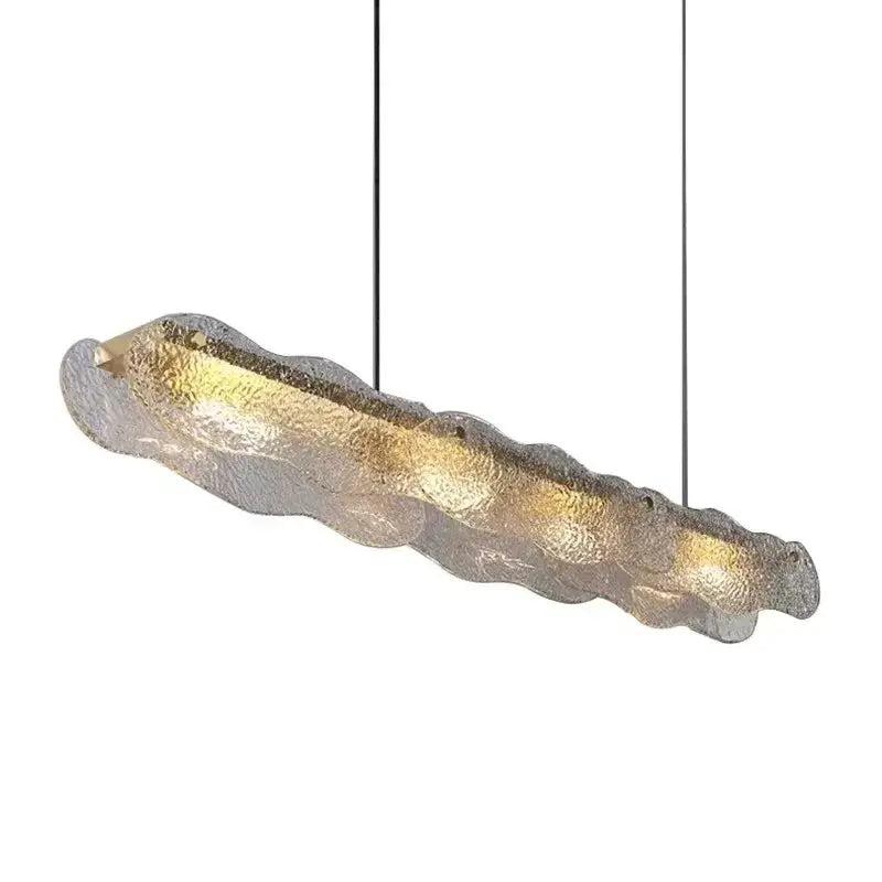 Modern art glass dining table chandelier with textured wavy decorbites art glass and warm golden led luxury lighting