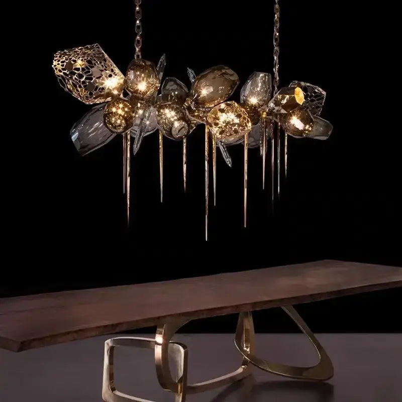 Modern artistic gold crystal duplex chandelier featuring clear glass orbs metallic lattice and dangling crystal rods for living room decorbites crystal duplex