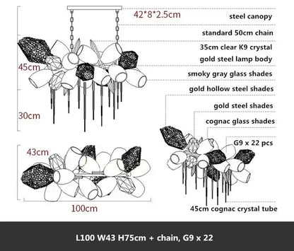 Modern artistic gold crystal duplex chandelier with gold steel body, smoked gray cognac glass, and k9 crystal accents by decorbites crystal duplex