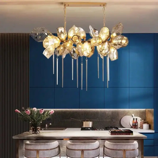 Modern artistic gold decorbites crystal duplex chandelier with dangling glass rods for living room decor
