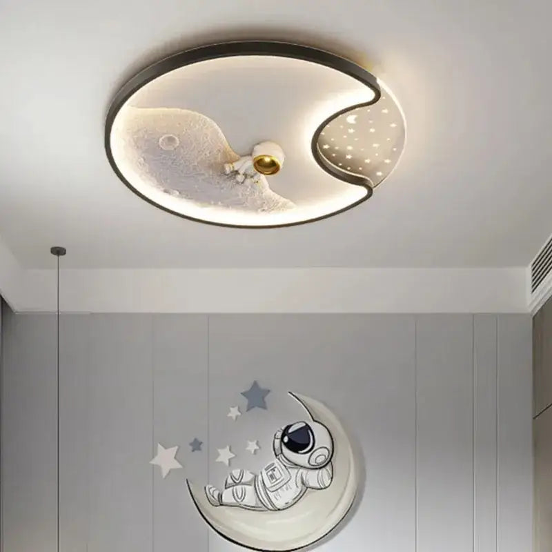 Modern astronaut moonlight led ceiling light with crescent moon shape black metal frame frosted glass panels for kids bedroom decorbites astronaut moonlight