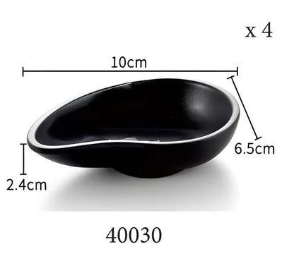 Modern asymmetrical black melamine plastic dipping sauce bowl with glossy finish and white rim decorbites black melamine