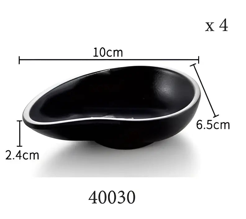 Modern asymmetrical black melamine plastic dipping sauce bowl with glossy finish and white rim decorbites black melamine