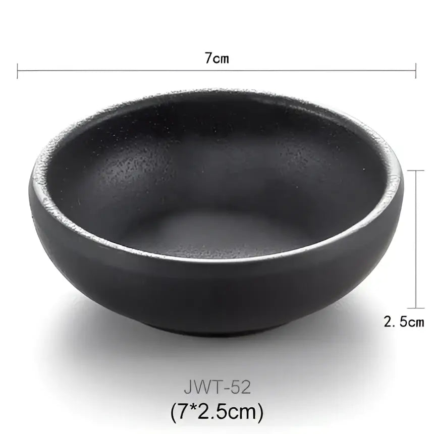 Black ceramic dipping sauce bowl with matte finish and rounded edges in decorbites black melamine plastic style