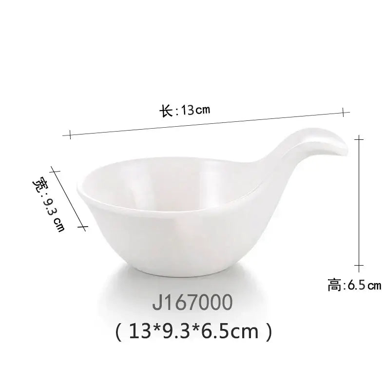 White ceramic bowl with smooth glossy finish and curved handle alongside decorbites black melamine plastic dipping sauce bowls