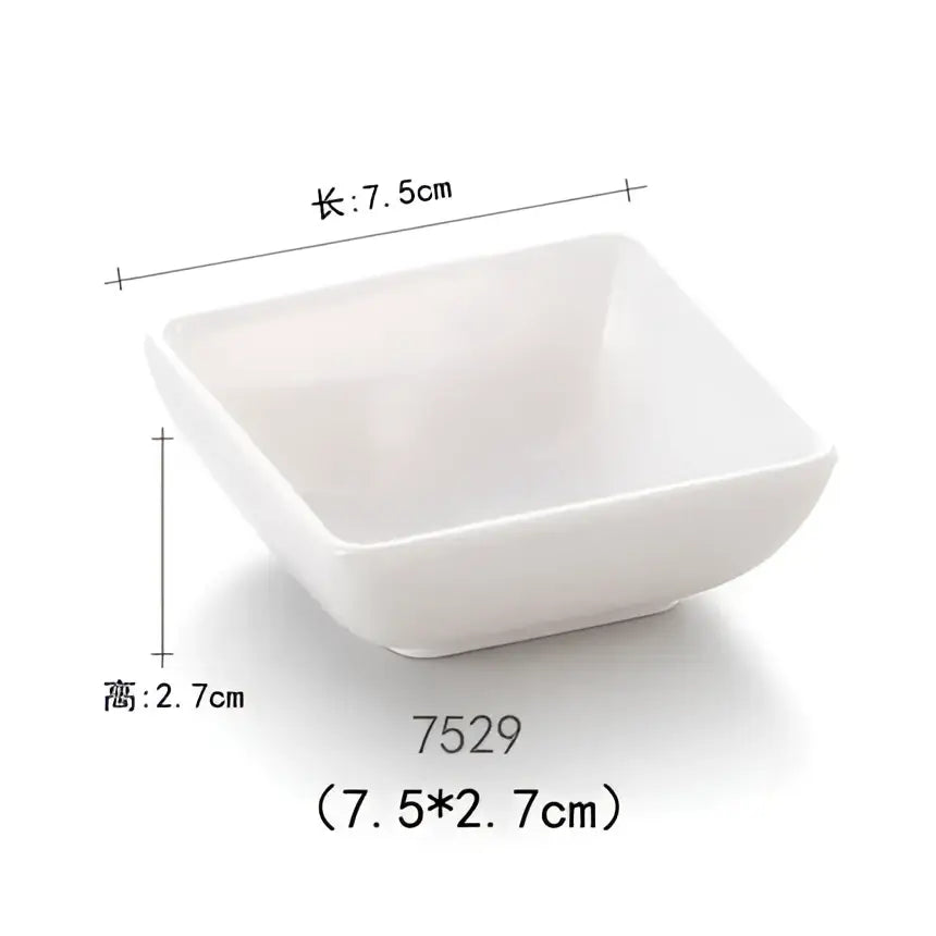 White ceramic square bowl with rounded edges and glossy finish for modern asymmetrical decorbites black melamine dipping sauce