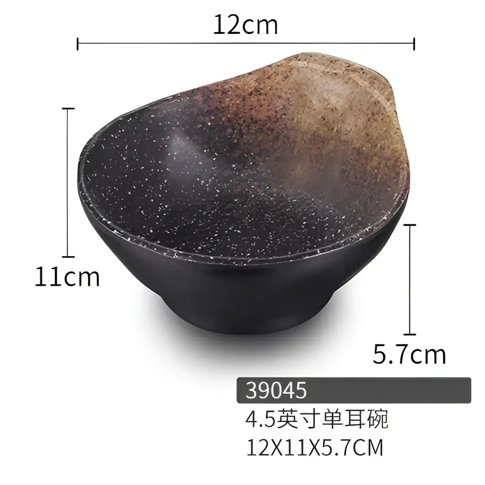 Modern asymmetrical black melamine plastic dipping sauce bowl with speckled black and brown ceramic glaze finish 12cm wide