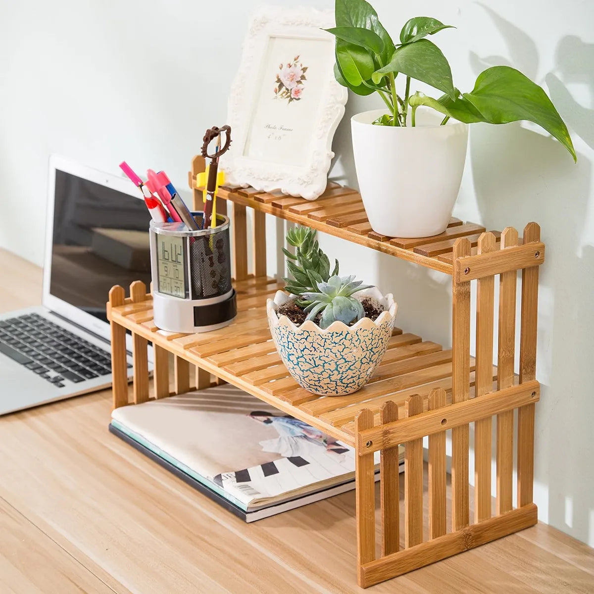 Modern Bamboo 2-Tier Plant Display Stand