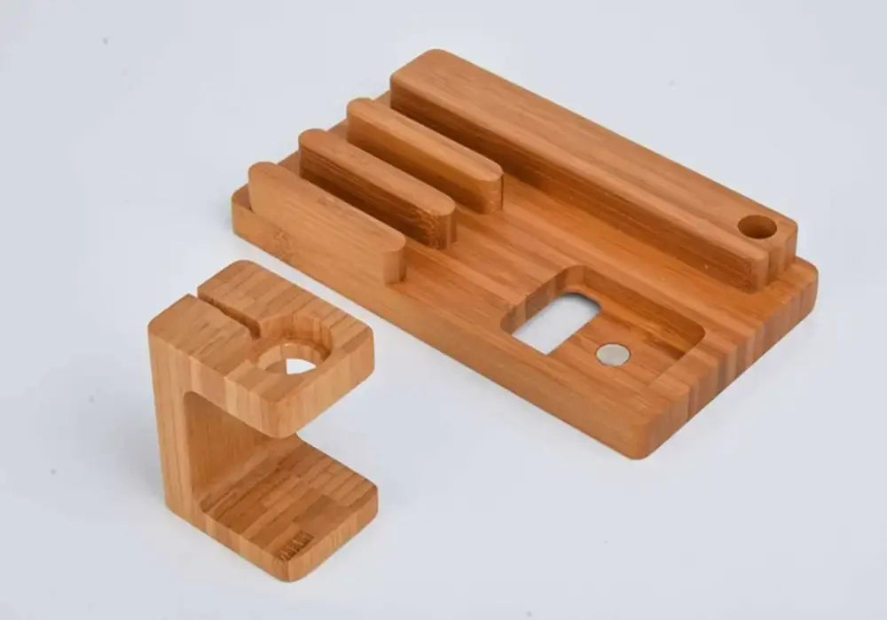 Modern light brown bamboo base 3-in-1 charging stand with multiple slots and led lamp for phone and watch charging