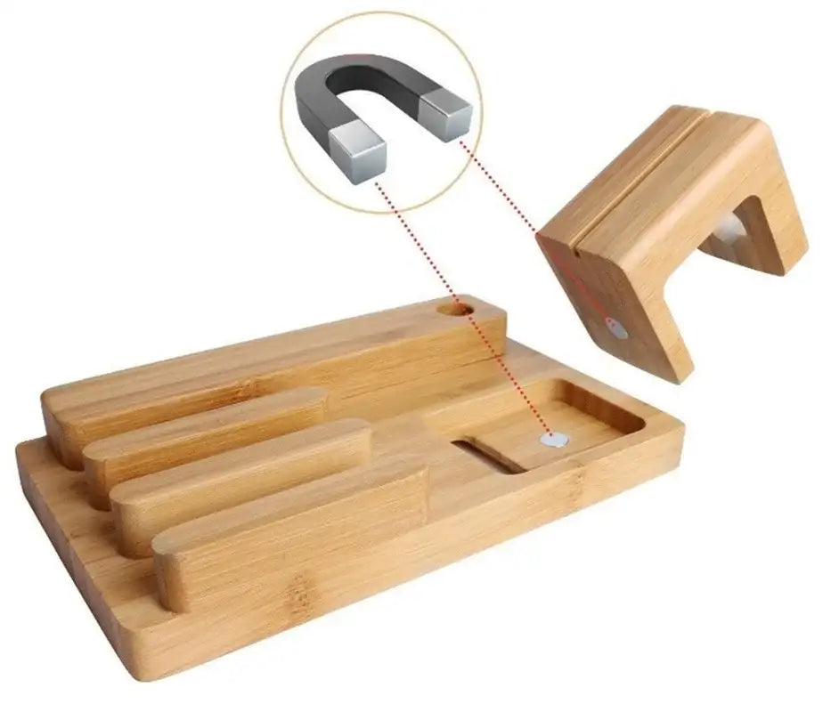 Light brown bamboo base 3-in-1 charging stand with magnetic phone stand and led lamp for modern bedroom use