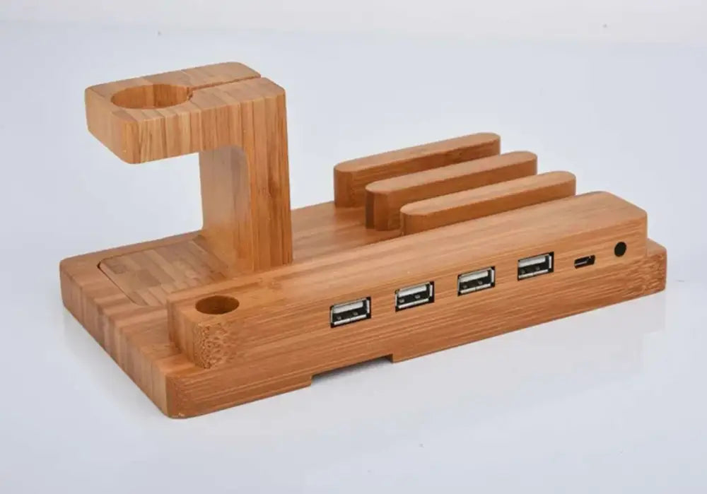 Modern bamboo base 3-in-1 charging stand in light brown with multiple usb ports and apple watch cradle for bedroom use
