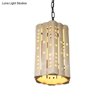 Modern Bamboo Cylinder Suspension Pendant Light - Single Bulb Porch Hanging Lamp in Beige