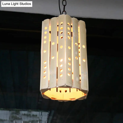 Modern Bamboo Cylinder Suspension Pendant Light - Single Bulb Porch Hanging Lamp in Beige