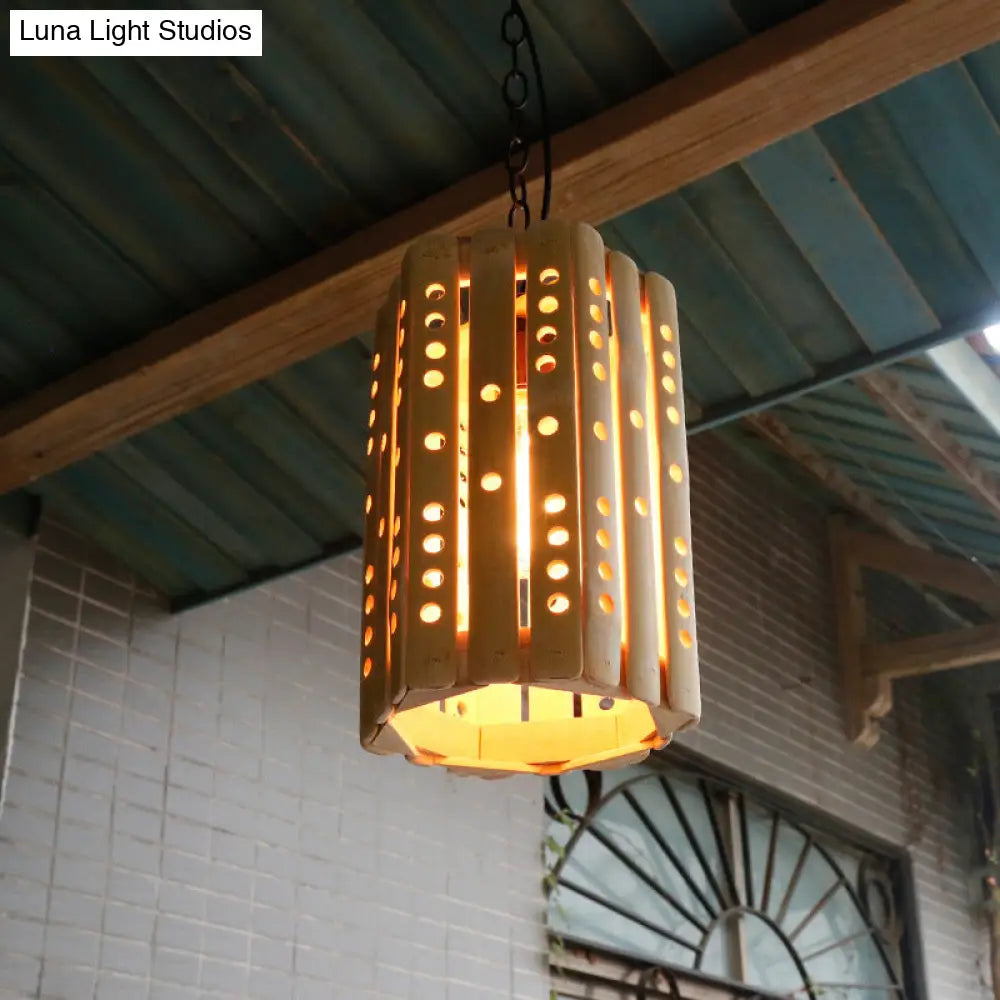 Modern Bamboo Cylinder Suspension Pendant Light - Single Bulb Porch Hanging Lamp in Beige